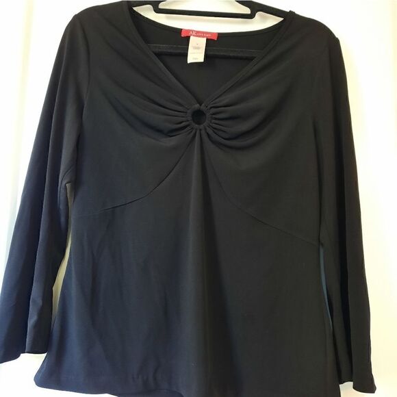 Anne Klein Ruched V Neck Long Sleeved Blouse Black - Picture 4 of 8